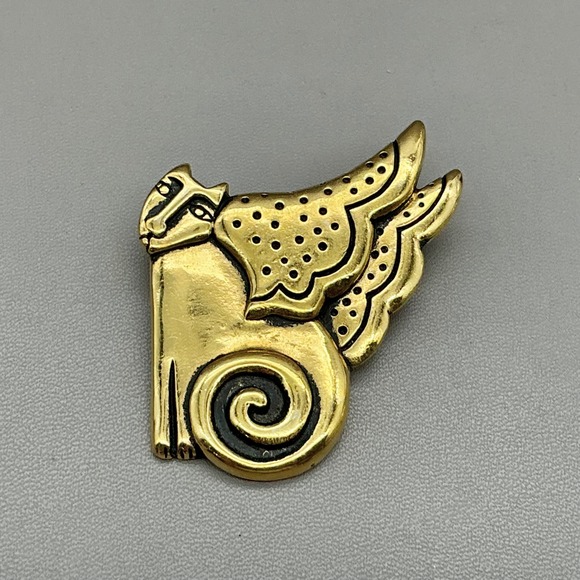 Laurel Burch Jewelry - Laurel Burch Brooch Women Gold Winged Cat Spotted Mythical Creature Vintage